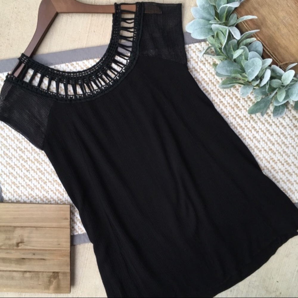 Tobi Black Cage Crochet Neckline Long Tunic Blouse